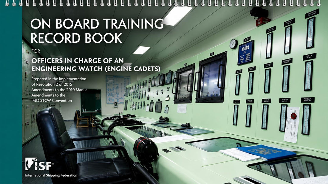 Marine engineering training book cover with ship engine control room, gauges and panels for maritime education.