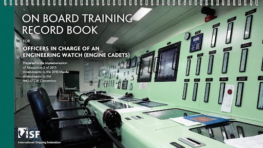 Marine engineering training book cover with ship engine control room, gauges and panels for maritime education.