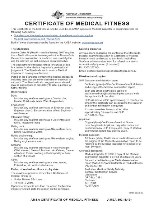 AMSA Certificate of Medical Fitness